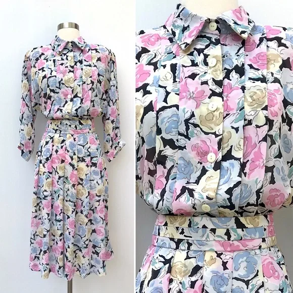 Vintage 80’s black & pastel roses floral secretary dress - Picture 1 of 9